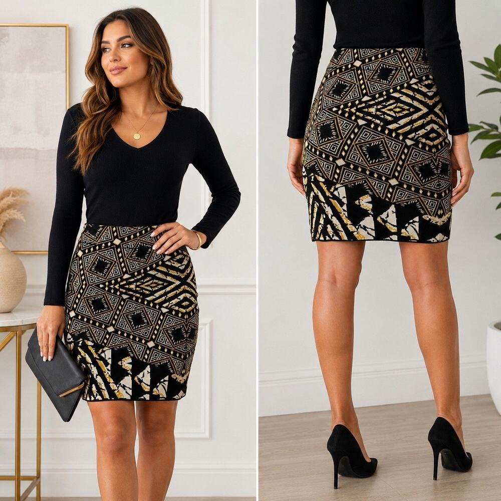 BCBGMAXAZRIA Knit Pencil Skirt Black Gold Ivory Geometric Jacquard Stretch XS